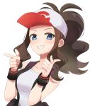  1girl antenna_hair baseball_cap black_vest blue_eyes brown_hair collarbone commentary_request eyelashes finger_gun grin hands_up hat high_ponytail highres hilda_(pokemon) hsin long_hair looking_at_viewer pokemon pokemon_(game) pokemon_bw shirt sidelocks simple_background sleeveless sleeveless_shirt smile solo teeth upper_body vest white_background white_shirt 