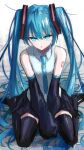  1girl absurdres bare_shoulders black_legwear blue_eyes blue_hair blue_necktie boots detached_sleeves full_body hair_ornament hatsune_miku highres long_hair looking_at_viewer necktie nowoka shirt sitting skirt sleeveless solo thigh-highs thigh_boots twintails very_long_hair vocaloid wariza 