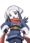  1girl akari_(pokemon) bandana black_eyes black_hair blue_jacket blue_pants clenched_hands hands_on_hips head_tilt highres jacket long_hair nnn-ollll obi open_mouth pants pokemon pokemon_(game) pokemon_legends:_arceus red_scarf sash scarf smile solo white_background white_bandana 