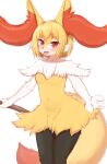  1girl :3 animal_ear_fluff animal_ears animal_hands animal_nose bangs black_fur blonde_hair blush body_fur braixen breasts commentary_request eyebrows_visible_through_hair fang fox_ears fox_girl fox_tail fur_collar furry furry_female happy highres holding holding_stick horokusa_(korai) legs_together looking_at_viewer navel open_mouth personification pokemon pokemon_(creature) red_eyes shiny shiny_hair short_hair sidelocks simple_background small_breasts smile solo standing stick stomach tail white_background white_fur yellow_fur 