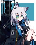  1girl animal_ears arknights backpack bag black_footwear black_gloves black_hair black_jacket boots cat_ears earpiece feet_out_of_frame fingerless_gloves gloves green_eyes grey_hair highres id_card infection_monitor_(arknights) jacket long_hair looking_at_viewer open_clothes open_jacket rhodes_island_logo rosmontis_(arknights) seamew_(4m_time) sidelocks sitting solo white_background 