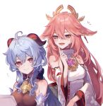  2girls ahoge animal_ears bangs bare_shoulders bell blue_hair blush bow breasts detached_sleeves fox_ears ganyu_(genshin_impact) genshin_impact gold_trim highres horns index_finger_raised japanese_clothes kino_(m6t2a) light_smile long_hair looking_at_another low_ponytail medium_breasts multiple_girls neck_bell open_mouth paper pink_hair sidelocks smile upper_body very_long_hair violet_eyes white_background white_sleeves yae_miko 