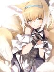  1girl animal_ears ankoro_mochi arknights bare_shoulders black_gloves black_vest blonde_hair blue_hairband blush braid dress earpiece fox_ears fox_tail gloves green_eyes hair_between_eyes hairband highres id_card kitsune long_hair looking_at_viewer multicolored_hair multiple_tails oripathy_lesion_(arknights) own_hands_together parted_lips simple_background single_glove single_wrist_cuff solo streaked_hair suzuran_(arknights) tactical_clothes tail upper_body vest white_background white_dress white_hair white_wrist_cuffs wrist_cuffs 