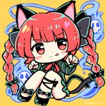  1girl :q animal_ears bangs black_bow black_footwear blue_fire blunt_bangs blush_stickers bow braid cat_ears cat_tail chibi eyebrows_visible_through_hair fire flaming_skull floating_skull full_body hair_bow hair_ribbon hands_up highres hitodama kaenbyou_rin knees_up long_hair looking_at_viewer multiple_tails nekomata orange_background paw_pose ramudia_(lamyun) red_eyes red_ribbon redhead ribbon simple_background solo split_mouth tail tongue tongue_out touhou tress_ribbon twin_braids twintails two_tails very_long_hair 