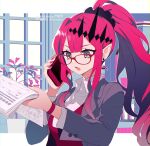  1girl bangs breasts collared_shirt dress_shirt fairy_knight_tristan_(fate) fate/grand_order fate_(series) glasses grey_eyes grey_jacket jacket large_breasts long_hair long_sleeves meiji_ken office_lady open_mouth pink_hair pointy_ears ponytail shirt sidelocks solo tiara white_shirt window 