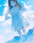  1girl bare_legs blue_sky brown_hair closed_eyes clouds commentary_request day dress highres long_hair open_mouth original outdoors paper short_sleeves sky smile solo sundress wading warabimoti_yoz water white_dress 