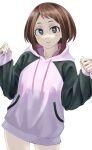  1girl absurdres alternate_costume blue_sweater boku_no_hero_academia bottomless brown_eyes brown_hair fengling_(furin-jp) hands_up highres hood hoodie looking_at_viewer multicolored_clothes parted_lips pink_sweater short_hair simple_background solo standing sweater uraraka_ochako white_background 