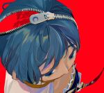  1girl absurdres blood blood_on_weapon blue_eyes blue_hair cape commentary eyebrows_visible_through_hair from_above highres magical_girl mahou_shoujo_madoka_magica mihifu miki_sayaka red_background short_hair simple_background solo sword weapon white_cape zipper zipper_pull_tab 
