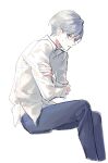  1boy brown_eyes collared_shirt commentary_request crossed_arms denim dress_shirt feet_out_of_frame highres jeans looking_at_viewer looking_to_the_side male_focus original orniflop pants shirt short_hair silver_hair simple_background sitting solo white_background white_shirt 