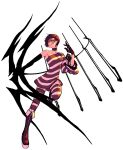  1girl arrow_(projectile) bare_shoulders black_gloves bow_(weapon) brown_choker brown_hair choker closed_mouth collarbone elbow_gloves eyeshadow gloves highres holding holding_bow_(weapon) holding_weapon inkey_(wzwing) makeup one_eye_closed original pink_lips red_eyes short_hair simple_background single_bare_shoulder single_elbow_glove solo striped striped_legwear thigh-highs weapon white_background zipper zipper_pull_tab 