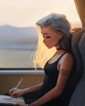  1girl bare_arms bare_shoulders black_choker breasts choker closed_mouth headphones highres holding holding_pen indoors lips long_hair pen profile sam_yang silver_hair sitting small_breasts solo sunset window 