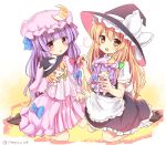  2girls :o apron back_bow bangs black_headwear black_skirt black_vest blonde_hair blunt_bangs bow brown_footwear character_doll doll dress frilled_apron frilled_hat frills hat kirisame_marisa long_hair multiple_girls patchouli_knowledge purple_dress purple_hair purple_headwear ramudia_(lamyun) sitting skirt striped striped_dress touhou very_long_hair vest violet_eyes waist_apron wariza white_apron white_bow white_legwear yellow_eyes 