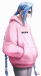  1girl alternate_costume artist_name asymmetrical_bangs bangs braid cheesewoo grey_background grey_pants hair_over_one_eye highres hood hoodie jinx_(league_of_legends) league_of_legends long_hair long_sleeves looking_at_viewer pants pink_hoodie shiny shiny_hair simple_background solo twin_braids 