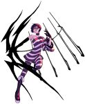  1girl arrow_(projectile) bare_shoulders black_gloves bow_(weapon) choker closed_mouth collarbone elbow_gloves eyeshadow gloves highres holding holding_bow_(weapon) holding_weapon inkey_(wzwing) makeup one_eye_closed original pink_lips red_choker red_eyes redhead short_hair simple_background single_bare_shoulder single_elbow_glove solo striped striped_legwear thigh-highs weapon white_background zipper zipper_pull_tab 