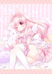  1girl animal_ears blush bow breasts chiika_(cure_cherish) choker dress eyebrows_visible_through_hair frilled_dress frills hair_bow highres holding large_breasts letterboxed looking_at_viewer lying one_eye_closed original pink_dress pink_eyes pink_hair puffy_short_sleeves puffy_sleeves rabbit rabbit_ears short_dress short_sleeves smile thigh-highs two_side_up wings zettai_ryouiki 