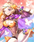  1girl ahoge alternate_costume bangs blonde_hair blush boots breasts cape closed_mouth commentary_request covered_navel detached_sleeves fire_emblem fire_emblem_fates fire_emblem_heroes full_body gradient gradient_clothes grey_eyes hair_ornament hand_up highres leotard lips long_hair looking_at_viewer medium_breasts ophelia_(fire_emblem) shiny shiny_hair shiny_skin simple_background smile solo standing thigh-highs thigh_boots yoshio1107lin 