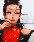  1girl aiming arm_up arrow_(projectile) bow bow_(weapon) closed_mouth highres holding holding_bow_(weapon) holding_weapon lips one_eye_closed sam_yang simple_background weapon white_background 