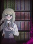  1girl ahoge akamatsu_kaede backpack bag bangs blonde_hair blood bookshelf breasts brown_necktie collared_shirt cowboy_shot crying danganronpa_(series) danganronpa_v3:_killing_harmony hair_ornament highres indoors long_hair long_sleeves looking_at_viewer musical_note_hair_ornament necktie open_mouth pink_blood pink_vest shirt skirt solo su_(ditev) tears vest 