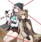  2girls aqua_eyes bangs belt black_choker black_cloak black_corset black_gloves blush breasts brown_coat brown_dress brown_necktie brown_shorts cellphone choker cloak closed_mouth coat corset dated double_bun dress em-2_(girls&#039;_frontline) em-2_(silver_bullet)_(girls&#039;_frontline) eyebrows_visible_through_hair feet_out_of_frame girls_frontline gloves highres holding holding_phone holding_pipe light_brown_eyes light_brown_hair long_hair looking_at_viewer medium_breasts monocle multiple_girls necktie official_alternate_costume open_clothes open_coat p90_(girls&#039;_frontline) p90_(the_girl_from_b.e.l)_(girls&#039;_frontline) phone pink_hair pipe pointy_ears sakatakin shirt short_hair shorts simple_background sitting smartphone smile white_shirt 