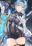  1girl bangs between_breasts black_gloves black_hairband black_shorts blue_hair blue_necktie bodysuit breasts butterfly_hair_ornament clothing_cutout covered_navel cowboy_shot eula_(genshin_impact) genshin_impact gloves hair_ornament hairband half-closed_eyes highres holding holding_sword holding_weapon ice_shard large_breasts long_hair looking_at_viewer mofumoffua necktie parted_lips short_shorts shorts shoulder_cutout simple_background solo sword thighs violet_eyes vision_(genshin_impact) weapon 