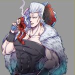  1boy blue_eyes bouquet cigarette earrings flattop grey_hair heart heart_earrings holding holding_bouquet jean_pierre_polnareff jewelry jojo_no_kimyou_na_bouken large_pectorals male_focus muscular muscular_male pectoral_cleavage pectorals smoking solo tanakaoften wristband 