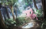 dew_drop dirt_road forest green_eyes long_tail mew nagashito_(nagashito723) pokemon pokemon_(creature) puddle reflective_water solo sun_rays sunlight water water_drop 