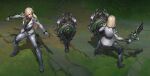  1girl alternate_hair_length alternate_hairstyle bangs black_shirt blonde_hair breasts collared_shirt debonair_leona green_ribbon hair_ornament highres holding holding_shield holding_sword holding_weapon jacket large_breasts league_of_legends leona_(league_of_legends) long_hair long_sleeves multiple_views official_alternate_costume outdoors ribbon see-through shield shirt short_hair sword vegacolors weapon white_jacket 