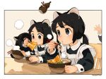  3girls aburaage akai_sashimi animal_ear_fluff animal_ears apron arm_rest arm_up bangs black_dress black_eyes black_hair blush bob_cut border bowl cat_ears chair chopsticks clenched_hand closed_mouth covered_face dress eating eyebrows_behind_hair food food_in_mouth frilled_apron frills from_side hand_up hands_up head_down highres holding holding_bowl holding_chopsticks kitsune_udon long_sleeves looking_away looking_down looking_up low_ponytail maid maid_apron multiple_girls no_nose no_pupils noodles nose_blush on_chair open_hand original out_of_frame outside_border parted_bangs parted_lips perspective ponytail puffy_long_sleeves puffy_sleeves short_hair signature sitting sleeve_cuffs steam swept_bangs table tareme udon upper_body white_apron white_border wing_collar wooden_chair wooden_table 