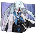  1girl alternate_costume bangs blood blood_on_clothes blood_on_face blood_splatter blue_eyes braid cocoro_mimi71 eyebrows_visible_through_hair fate/grand_order fate_(series) grimace hand_on_own_chest highres long_hair morgan_le_fay_(fate) official_alternate_costume ponytail silver_hair solo upper_body 