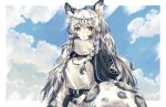  1girl animal_ear_fluff animal_ears arknights bangs belt belt_pouch braid closed_mouth clouds dress frown grey_eyes greyscale highres jewelry leopard_ears leopard_tail long_hair monochrome necklace pouch pramanix_(arknights) shidare_(youh4016) solo tail turtleneck turtleneck_dress twin_braids upper_body watch watch 