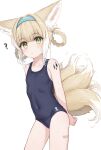  1girl ? absurdres animal_ear_fluff animal_ears arknights bandaid bandaid_on_leg bangs bare_shoulders blonde_hair blue_hairband blue_swimsuit blush braid breasts closed_mouth collarbone covered_navel cowboy_shot eyebrows_visible_through_hair fox_ears fox_girl fox_tail green_eyes hairband hawawa highres long_hair looking_at_viewer multicolored_hair multiple_tails name_tag old_school_swimsuit one-piece_swimsuit reward_available school_swimsuit sidelocks small_breasts solo spoken_question_mark standing suzuran_(arknights) swimsuit tail white_background white_hair 