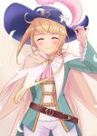  1other adjusting_clothes adjusting_headwear androgynous ascot belt blonde_hair cape chevalier_d&#039;eon_(fate) closed_eyes fate/grand_order fate_(series) flower hat hat_flower highres mochian plume smile 