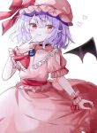  1girl ascot bat_wings blush bow brooch choker collared_dress dress eyebrows_visible_through_hair fang frilled_dress frills hat heart highres itigotuki jewelry large_bow looking_at_viewer mob_cap pillow_hat pink_dress pointy_ears purple_hair red_eyes remilia_scarlet short_hair short_sleeves simple_background smile solo touhou v white_background wings wrist_cuffs 