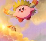  blue_eyes blush brown_eyes clouds flying gurumi_mami headdress kirby kirby_(series) no_humans open_mouth sitting_on_cloud sky smile waddle_dee wings 