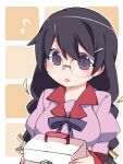  1girl :o bangs black_hair blush bow box braid breasts cat_hair_ornament flying_sweatdrops glasses grid_background hair_between_eyes hair_bow hair_ornament hair_ribbon hairclip hammer_(sunset_beach) hanekawa_tsubasa holding holding_box juliet_sleeves long_hair long_sleeves looking_ahead lunchbox medium_breasts monogatari_(series) naoetsu_high_school_uniform open_mouth outline pink_shirt puffy_sleeves ribbon school_uniform semi-rimless_eyewear shirt sidelocks simple_background solo swept_bangs twin_braids upper_body violet_eyes white_outline yellow_bow yellow_ribbon 