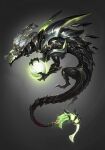  armor ball braid dragon from_side gradient gradient_background grey_background grey_hair highres league_of_legends long_hair no_humans open_mouth steel_dragon_thresh vegacolors white_eyes 