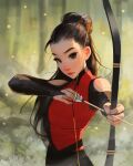  1girl aiming arm_up arrow_(projectile) blurry blurry_background bow bow_(weapon) brown_eyes closed_mouth hand_up highres holding holding_bow_(weapon) holding_weapon lips long_hair sam_yang weapon 