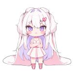  1girl :&lt; animal_ears bangs blush_stickers cheli_(kso1564) chibi closed_mouth commentary_request crossed_arms dress eyebrows_visible_through_hair floppy_ears full_body hair_between_eyes hair_intakes hair_ornament hairclip heart heart_hair_ornament large_ears looking_at_viewer multicolored_hair original pink_footwear purple_hair rabbit_ears shoes short_eyebrows simple_background sleeveless sleeveless_dress solo standing striped striped_dress thick_eyebrows two-tone_hair vertical-striped_dress vertical_stripes violet_eyes white_background white_dress white_hair x_hair_ornament 