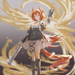  1girl absurdres animal_ears arknights bird_ears bird_girl bird_tail black_background black_footwear black_skirt blurry blurry_background boots feet_out_of_frame fiammetta_(arknights) gun hair_between_eyes highres holding holding_gun holding_weapon looking_at_viewer loong red_eyes redhead shirt short_hair skirt solo tail weapon white_shirt 
