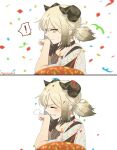  ! 1girl arknights artist_name birthday birthday_cake blonde_hair blush cake candle closed_eyes confetti daimondai4 food highres horns ifrit_(arknights) ponytail simple_background solo sweat upper_body yellow_eyes 