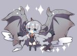  1girl bangs black_legwear black_leotard blue_eyes breasts commentary_request covered_navel dragon_girl dragon_horns dragon_tail dragon_wings eyebrows_visible_through_hair food grey_background grey_hair grey_jacket grey_wings hair_between_eyes highres holding holding_food horns jacket jacket_on_shoulders kushala_daora leotard medium_breasts milkpanda monster_hunter_(series) no_shoes personification popsicle short_eyebrows simple_background smoke solo sparkle standing strapless strapless_leotard tail thick_eyebrows thigh-highs wings 