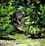  1boy black_hair brown_eyes dappled_sunlight finger_to_mouth gon_freecss green_theme highres hunter_x_hunter index_finger_raised long_sleeves male_focus mito_tomiko nature plant shorts shushing solo spiky_hair squatting sunlight 