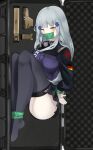  1girl absurdres bangs black_legwear blush breasts eyebrows_visible_through_hair gagged german_flag girls_frontline green_eyes grey_skirt hair_ornament hairclip highres hk416_(girls&#039;_frontline) long_hair looking_at_viewer lying medium_breasts no_shoes on_side pz-15 restrained silver_hair simple_background skirt solo tactical_clothes teardrop_facial_mark teardrop_tattoo tears thigh-highs uniform weapon_case 