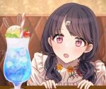  ._(user_jykr4355) 1girl bangs black_hair blurry blurry_foreground cup drinking_glass drinking_straw fangs food fruit fukumaru_koito hair_ornament hairclip highres ice_cream idolmaster idolmaster_shiny_colors long_hair low_twintails nail_polish shirt skin_fangs soda solo swept_bangs table twintails upper_body violet_eyes white_shirt 