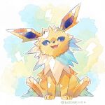  :d animal_focus commentary_request full_body happy highres jolteon kotone11152 looking_at_viewer no_humans open_mouth pokemon pokemon_(creature) sitting smile solo toes tongue twitter_username 