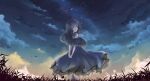  absurdres artist_request blue_eyes blue_hair blue_skirt blue_sky clouds cloudy_sky crying field grass grasslands highres looking_at_viewer looking_back night night_sky original scenery skirt sky stars 