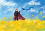 1boy black_cape cape closed_mouth clouds day dragonair field flower flower_field hand_up highres imasara_maki jacket lance_(pokemon) long_sleeves male_focus outdoors pants petals pokemon pokemon_(creature) pokemon_(game) pokemon_hgss popped_collar redhead short_hair sky smile spiky_hair standing yellow_flower 