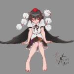  bare_legs barefoot belt bird_wings black_belt black_hair black_nails black_ribbon black_skirt black_wings feathered_wings frilled_skirt frills grey_background hat knees_together_feet_apart pom_pom_(clothes) puffy_short_sleeves puffy_sleeves red_eyes red_headwear ribbon shameimaru_aya shirt short_hair short_sleeves simple_background sitting skirt smile tengu toes tokin_hat touhou white_shirt wings xen852 