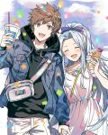  1boy 1girl black_hoodie blue_hair blue_jacket brooch brown_eyes brown_hair choker closed_eyes clouds confetti cowboy_shot cup disposable_cup dress drinking_straw fanny_pack gran_(granblue_fantasy) granblue_fantasy holding holding_cup holding_hands hood hood_down hoodie jacket jewelry kingyo_114 long_hair long_sleeves looking_at_viewer lyria_(granblue_fantasy) open_clothes open_jacket open_mouth pants parted_lips short_hair short_sleeves smile teeth upper_teeth white_dress white_pants 