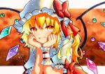  1girl ascot blonde_hair bow crystal fang flandre_scarlet frilled_shirt frilled_shirt_collar frilled_sleeves frills hat hat_ribbon highres medium_hair mob_cap one_side_up puffy_short_sleeves puffy_sleeves qqqrinkappp red_bow red_eyes red_ribbon red_vest ribbon shirt short_sleeves solo touhou traditional_media vest white_shirt wings yellow_ascot 